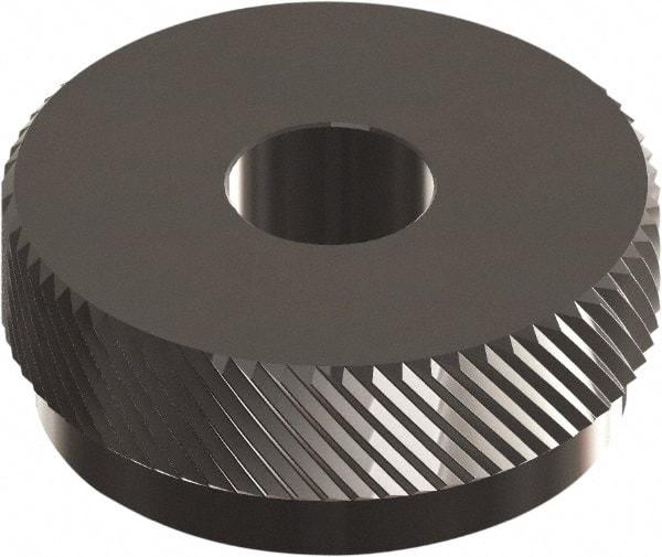 Made in USA - 1" Diam, 90° Tooth Angle, 35 TPI, Beveled Face, Form Type Cobalt Left-Hand Diagonal Knurl Wheel - 3/8" Face Width, 5/16" Hole, Circular Pitch, 30° Helix, Ferritic Nitrocarburizing Finish, Series OU - Exact Industrial Supply