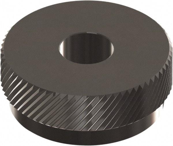 Made in USA - 1" Diam, 90° Tooth Angle, 25 TPI, Beveled Face, Form Type Cobalt Right-Hand Diagonal Knurl Wheel - 3/8" Face Width, 5/16" Hole, Circular Pitch, 30° Helix, Ferritic Nitrocarburizing Finish, Series OU - Exact Industrial Supply