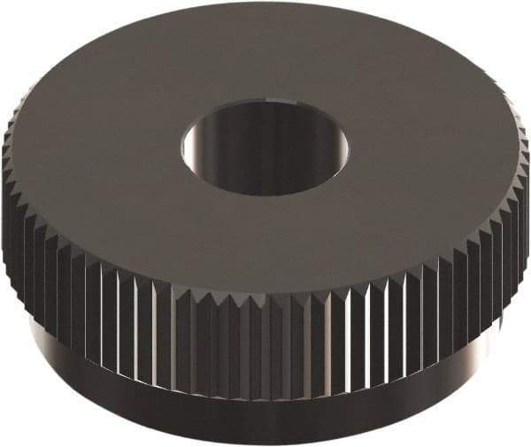 Made in USA - 1" Diam, 90° Tooth Angle, 25 TPI, Beveled Face, Form Type Cobalt Straight Knurl Wheel - 3/8" Face Width, 5/16" Hole, Circular Pitch, 0° Helix, Ferritic Nitrocarburizing Finish, Series OU - Exact Industrial Supply