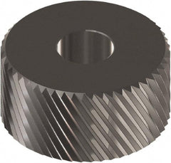 Made in USA - 3/4" Diam, 90° Tooth Angle, 20 TPI, Beveled Face, Form Type Cobalt Left-Hand Diagonal Knurl Wheel - 0.197" Face Width, 1/4" Hole, Circular Pitch, 30° Helix, Ferritic Nitrocarburizing Finish, Series KM - Exact Industrial Supply