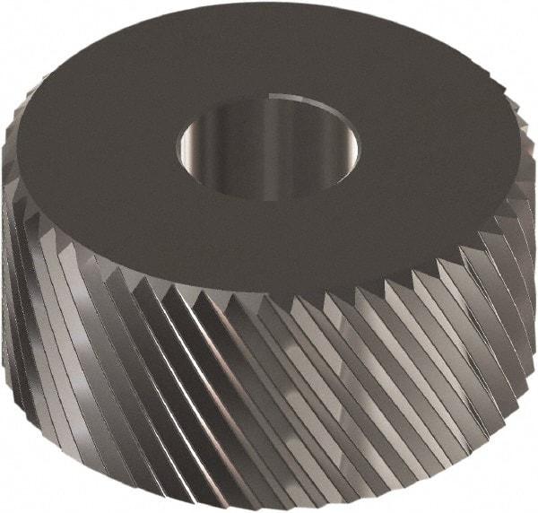 Made in USA - 1" Diam, 90° Tooth Angle, 20 TPI, Beveled Face, Form Type Cobalt Left-Hand Diagonal Knurl Wheel - 5/16" Face Width, 5/16" Hole, Circular Pitch, 30° Helix, Ferritic Nitrocarburizing Finish, Series OT - Exact Industrial Supply