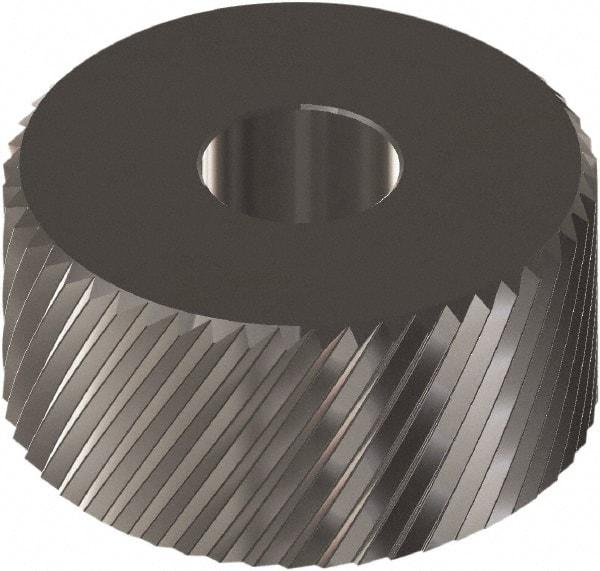 Made in USA - 1" Diam, 90° Tooth Angle, 14 TPI, Beveled Face, Form Type Cobalt Right-Hand Diagonal Knurl Wheel - 5/16" Face Width, 5/16" Hole, Circular Pitch, 30° Helix, Ferritic Nitrocarburizing Finish, Series OT - Exact Industrial Supply