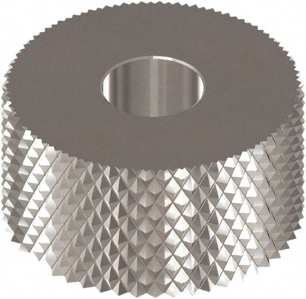 Made in USA - 1" Diam, 90° Tooth Angle, 30 TPI, Standard (Shape), Form Type High Speed Steel Male Diamond Knurl Wheel - 3/8" Face Width, 5/16" Hole, Circular Pitch, Bright Finish, Series OU - Exact Industrial Supply
