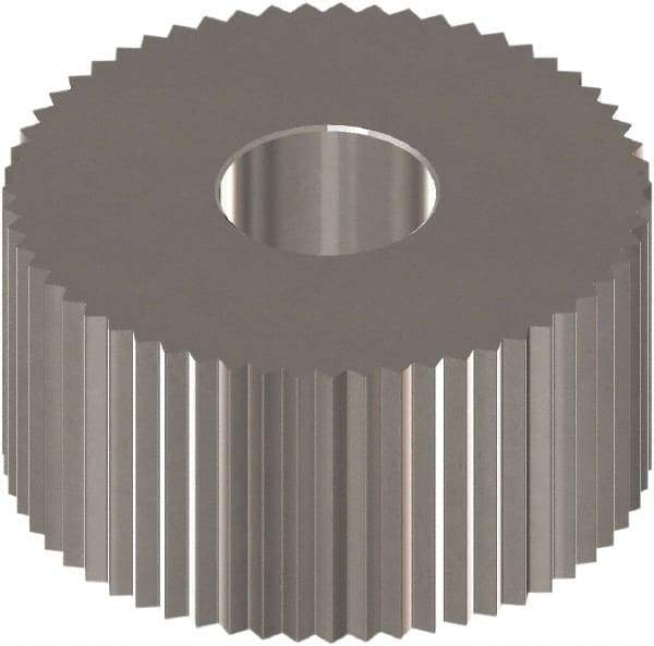 Made in USA - 1" Diam, 90° Tooth Angle, 30 TPI, Standard (Shape), Form Type High Speed Steel Straight Knurl Wheel - 3/8" Face Width, 5/16" Hole, Circular Pitch, 0° Helix, Bright Finish, Series OU - Exact Industrial Supply