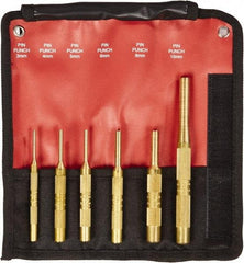 Mayhew - 6 Piece, 3 to 10mm, Pin Punch Set - Round Shank, Brass, Comes in Kit Bag - Exact Industrial Supply