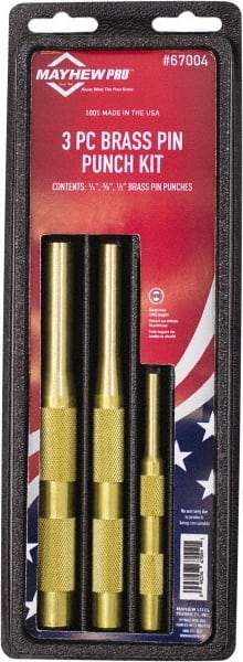 Mayhew - 3 Piece, 1/4 to 1/2", Pin Punch Set - Round Shank, Brass, Comes in Plastic Tray - Exact Industrial Supply