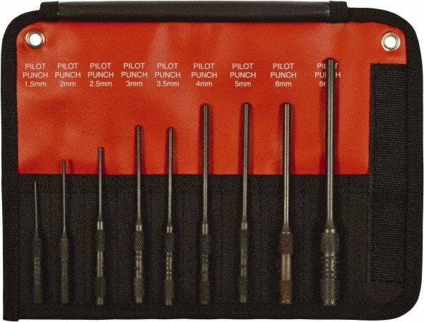 Mayhew - 9 Piece, 1.5 to 8mm, Pin & Pilot Punch Set - Hex Shank, Steel, Comes in Kit Bag - Exact Industrial Supply