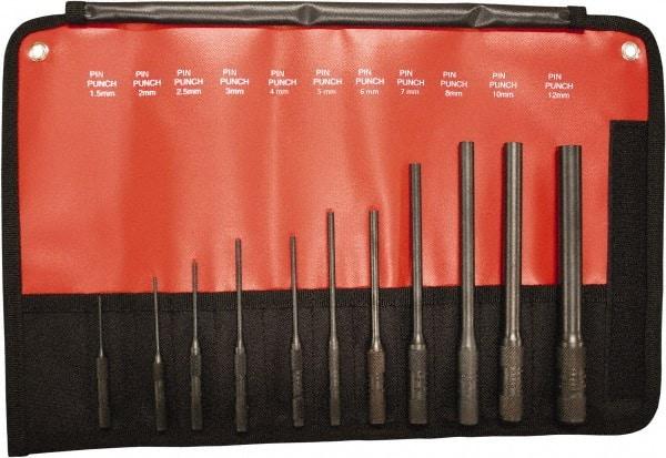Mayhew - 11 Piece, 1.5 to 12mm, Pin Punch Set - Hex Shank, Steel, Comes in Kit Bag - Exact Industrial Supply
