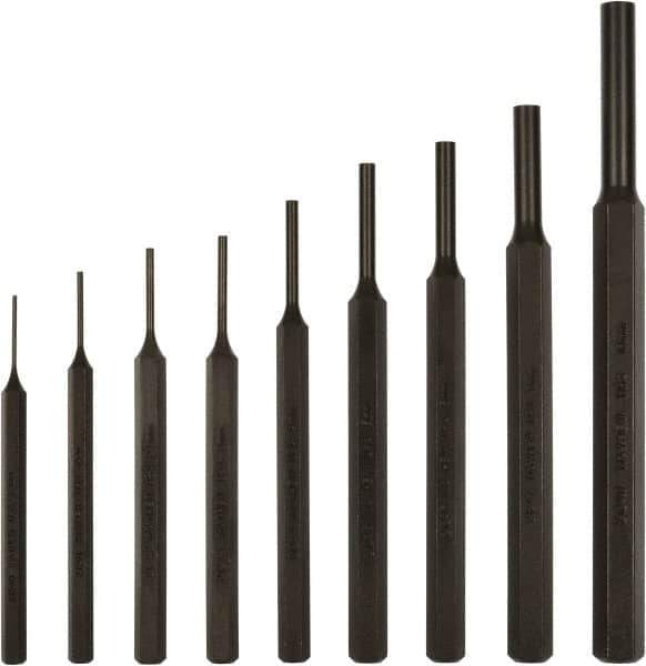 Mayhew - 9 Piece, 1.5 to 10mm, Pin Punch Set - Hex Shank, Steel, Comes in Kit Bag - Exact Industrial Supply