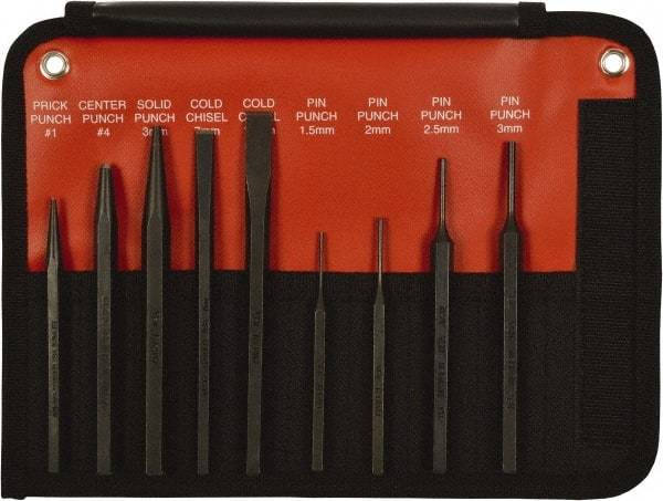 Mayhew - 9 Piece, 9/32 to 5/32", Pin Punch Set - Hex Shank, Steel, Comes in Kit Bag - Exact Industrial Supply