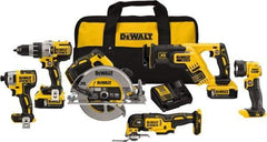 DeWALT - 20 Volt Cordless Tool Combination Kit - Includes 1/2" Brushless Hammerdrill, 1/4" Brushless Impact Driver, Brushless Reciprocating Saw, 7-1/2" Brushless Circular Saw, Oscillating Tool & LED Worklight, Lithium-Ion Battery Included - Exact Industrial Supply