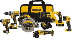 DeWALT - 20 Volt Cordless Tool Combination Kit - Includes 1/2" Brushless Hammerdrill, 1/4" Brushless Impact Driver, Brushless Reciprocating Saw, 7-1/2" Brushless Circular Saw, Cut-Off Tool/Grinder & LED Worklight, Lithium-Ion Battery Included - Exact Industrial Supply