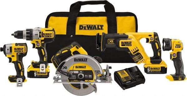 DeWALT - 20 Volt Cordless Tool Combination Kit - Includes 1/2" Brushless Hammerdrill, 1/4" Brushless Impact Driver, Brushless Reciprocating Saw, 7-1/2" Brushless Circular Saw & LED Worklight, Lithium-Ion Battery Included - Exact Industrial Supply