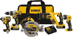 DeWALT - 20 Volt Cordless Tool Combination Kit - Includes 1/2" Brushless Hammerdrill, 1/4" Brushless Impact Driver, Brushless Reciprocating Saw, 7-1/2" Brushless Circular Saw & LED Worklight, Lithium-Ion Battery Included - Exact Industrial Supply