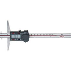 SPI - 0" to 150mm Stainless Steel Electronic Depth Gage - 0.02mm Accuracy, 0.01mm Resolution, 100mm Base Length, Hook Included - Exact Industrial Supply
