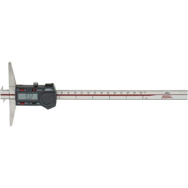 SPI - 0" to 200mm Stainless Steel Electronic Depth Gage - 0.03mm Accuracy, 0.01mm Resolution, 100mm Base Length, Hook Included - Exact Industrial Supply