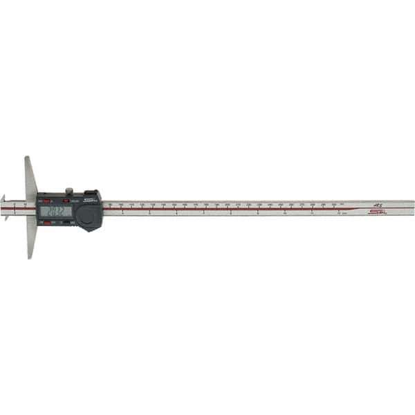 SPI - 0" to 300mm Stainless Steel Electronic Depth Gage - 0.04mm Accuracy, 0.01mm Resolution, 100mm Base Length, Hook Included - Exact Industrial Supply