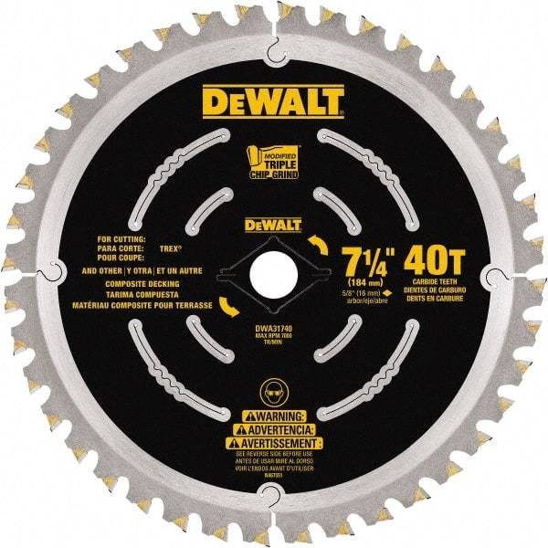 DeWALT - 7-1/4" Diam, 15.88mm Arbor Hole Diam, 40 Tooth Wet & Dry Cut Saw Blade - Steel, Framing Action, Standard Round Arbor - Exact Industrial Supply