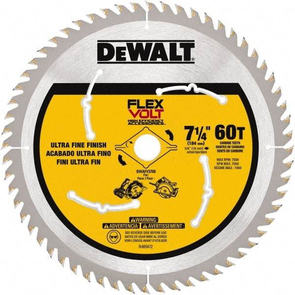 DeWALT - 7-1/4" Diam, 15.88mm Arbor Hole Diam, 60 Tooth Wet & Dry Cut Saw Blade - Steel, Smooth Action, Standard Round Arbor - Exact Industrial Supply