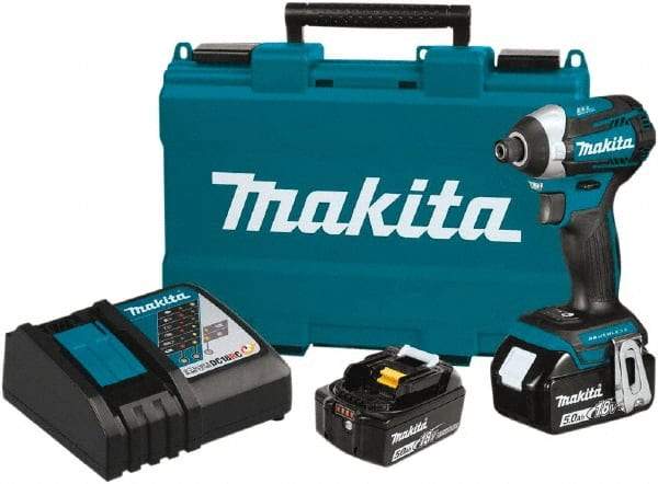 Makita - 18 Volt, 1/4" Drive, 1,550 In/Lb Torque, Cordless Impact Driver - Pistol Grip Handle, 3600 RPM, 2 Lithium-Ion Batteries Included - Exact Industrial Supply