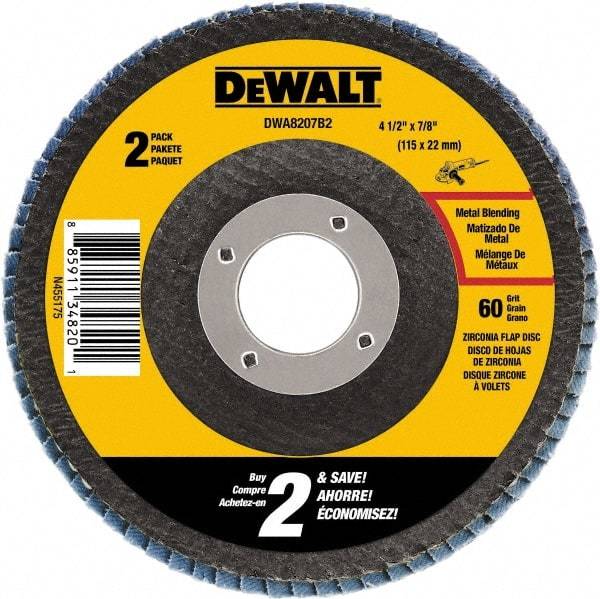 DeWALT - 60 Grit, 4-1/2" Wheel Diam, 3/4" Wheel Thickness, 7/8" Arbor Hole, Type 29 Depressed Center Wheel - Medium Grade, Zirconia Alumina, 13,300 Max RPM - Exact Industrial Supply