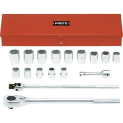 Proto - 17 Piece 1" Drive Chrome Finish Socket Set - 12 Points, 1-1/16" to 2" Range, Inch Measurement Standard - Exact Industrial Supply