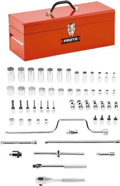 Proto - 58 Piece 3/8" Drive Chrome Finish Deep Well Socket Set - 8, 12 Points, 1/4" to 1" Range, Inch Measurement Standard - Exact Industrial Supply