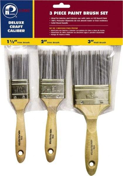 Premier Paint Roller - 1-1/2, 2 & 3" Flat Polyester General Purpose Paint Brush Set - 2-1/4 & 2-1/2 & 3" Bristle Length, 6 & 6-1/2" Wood Beavertail Handle - Exact Industrial Supply
