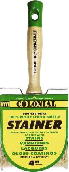 Premier Paint Roller - 4" Flat White China Bristle Stainer Brush - 3" Bristle Length, 5-1/4" Wood Threaded Wood Handle - Exact Industrial Supply