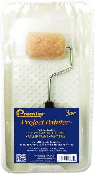 Premier Paint Roller - 14-3/4" Long, 3/8" Nap, Wall Paint Roller Set - 7-1/2" Wide, Steel Frame, Includes Paint Tray, Roller Cover & Frame - Exact Industrial Supply