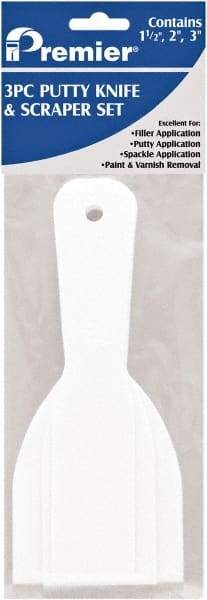 Premier Paint Roller - Stiff Plastic Beveled Scraper Set - 1-1/2, 2 & 3" Blade Width x 3-1/2" Blade Length, 3-1/2" Long Straight Plastic Handle - Exact Industrial Supply