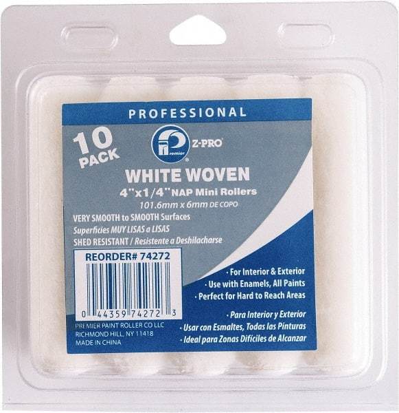 Premier Paint Roller - 1/4" Nap, 4" Wide Paint Mini Roller Covers - Smooth Texture, Woven - Exact Industrial Supply