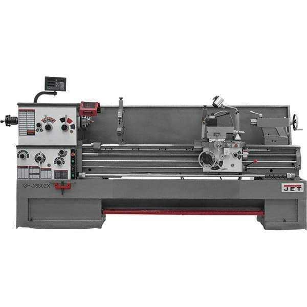 Jet - 18" Swing, 80" Between Centers, 230/460 Volt, Triple Phase Toolroom Lathe - 7MT Taper, 7-1/2 hp, 25 to 1,800 RPM, 3-1/8" Bore Diam, 44" Deep x 66" High x 136" Long - Exact Industrial Supply