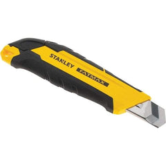 Stanley - Snap Utility Knife - 4.35" Carbon Steel Blade, Yellow & Black Bi-Material -ABS/TPR Handle, 1 Blade Included - Exact Industrial Supply
