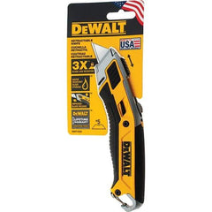 Stanley - Retractable Utility Knife - 2-1/2" Carbon Steel Blade, Yellow & Black Bi-Material -ABS/TPR Handle, 5 Blades Included - Exact Industrial Supply