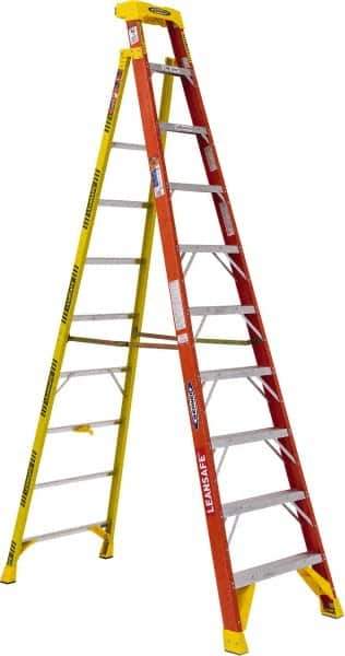 Werner - 9 Steps, 10' High, Type IA Rating, Fiberglass Step Ladder - 300 Lb Load Capacity, 31-13/64" Base Width - Exact Industrial Supply