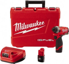 Milwaukee Tool - 1/4" Drive 12 Volt Pistol Grip Cordless Impact Wrench & Ratchet - 3,300 RPM, 0 to 4,000 BPM, 1,300 Ft/Lb Torque, 2 Lithium-Ion Batteries Included - Exact Industrial Supply