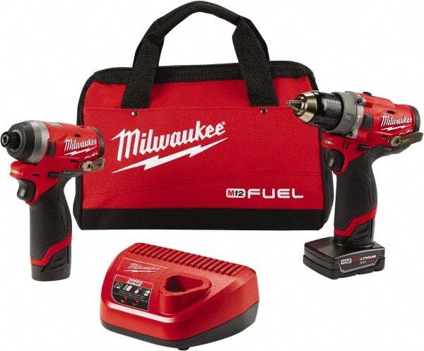 Milwaukee Tool - 12 Volt Cordless Tool Combination Kit - Includes 1/2" Brushless Hammer Drill/Driver & 1/4" Hex Impact Driver, Lithium-Ion Battery Included - Exact Industrial Supply