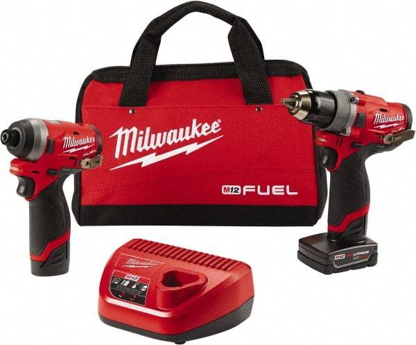 Milwaukee Tool - 12 Volt Cordless Tool Combination Kit - Includes 1/2" Compact Drill/Driver & 1/4" Hex Impact Driver, Lithium-Ion Battery Included - Exact Industrial Supply