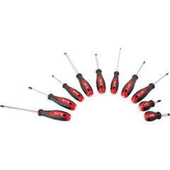 Screwdriver Set: 10 Pc, Phillips, Slotted & Square Includes Phillips #1 x 3 in, Phillips #2 x 1-1/2″ Phillips #2 x 4 in, Phillips #2 x 6 in, slotted 1/4″ x 1-1/2 in, slotted 1/4″ x 4 in