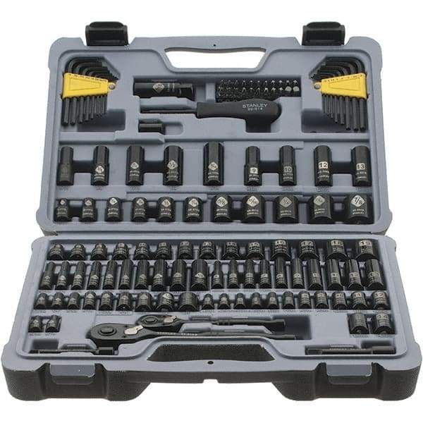 Stanley - 123 Piece 1/4" Drive Black Chrome Finish Socket Set - 12 Points, 5/32" to 1/2" (4mm to 12mm) Range, Inch/Metric Measurement Standard - Exact Industrial Supply
