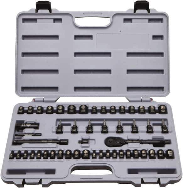 Stanley - 50 Piece 1/4 & 3/8" Drive Standard Socket Set - 5/32 to 9/16", 4 to 18mm, Inch/Metric Measurement Standard - Exact Industrial Supply
