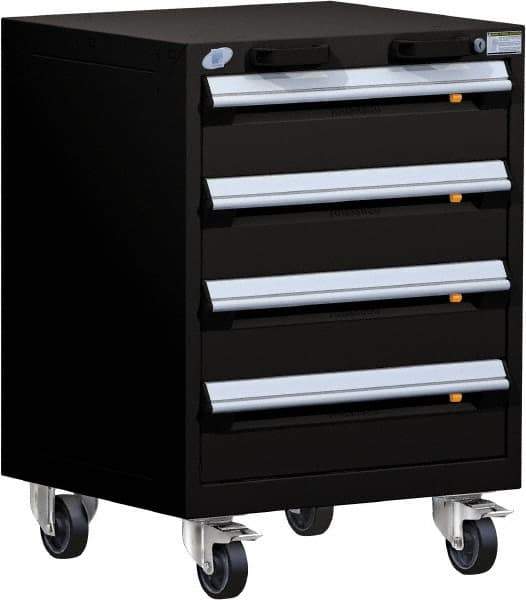 Rousseau Metal - 4 Drawer Steel Tool Roller Cabinet - 24" Wide x 33" High x 27" Deep, Ball Bearing Drawer Slides, Black - Exact Industrial Supply