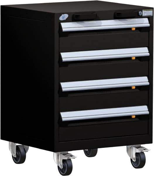 Rousseau Metal - 4 Drawer Steel Tool Roller Cabinet - 24" Wide x 33" High x 21" Deep, Ball Bearing Drawer Slides, Black - Exact Industrial Supply