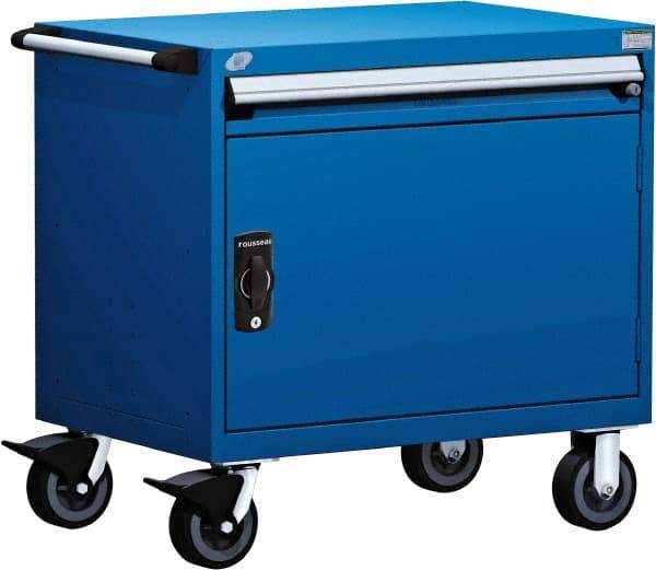 Rousseau Metal - 1 Drawer Steel Tool Roller Cabinet - 30" Wide x 35-1/8" High x 21" Deep, Ball Bearing Drawer Slides, Blue - Exact Industrial Supply