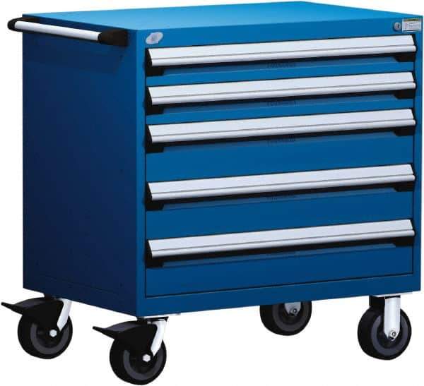 Rousseau Metal - 5 Drawer Steel Tool Roller Cabinet - 30" Wide x 37-1/2" High x 21" Deep, Ball Bearing Drawer Slides, Blue - Exact Industrial Supply