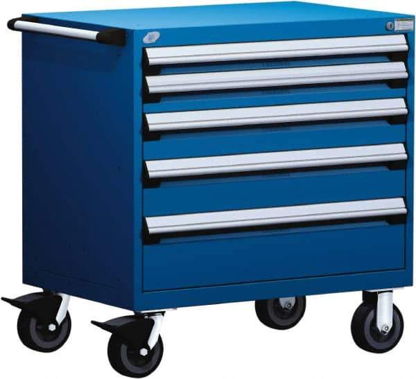 Rousseau Metal - 5 Drawer Steel Tool Roller Cabinet - 36" Wide x 37-1/2" High x 24" Deep, Ball Bearing Drawer Slides, Blue - Exact Industrial Supply