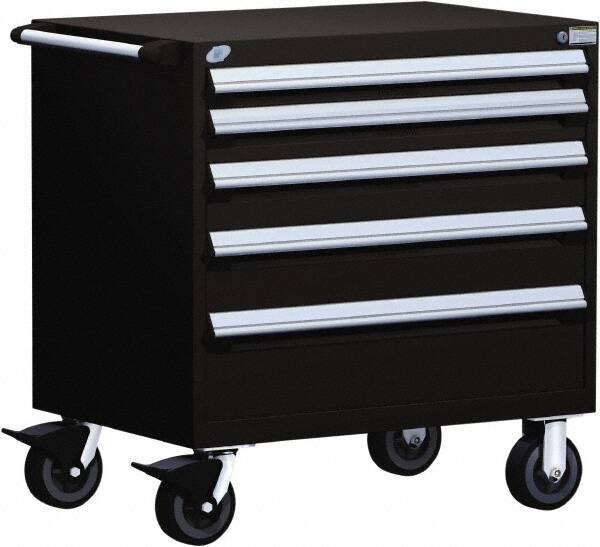 Rousseau Metal - 5 Drawer Steel Tool Roller Cabinet - 36" Wide x 37-1/2" High x 18" Deep, Ball Bearing Drawer Slides, Black - Exact Industrial Supply
