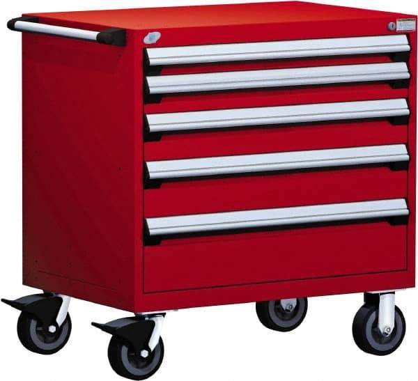 Rousseau Metal - 5 Drawer Steel Tool Roller Cabinet - 36" Wide x 37-1/2" High x 18" Deep, Ball Bearing Drawer Slides, Blue - Exact Industrial Supply