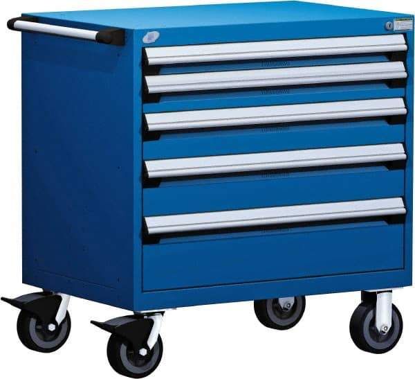 Rousseau Metal - 5 Drawer Steel Tool Roller Cabinet - 30" Wide x 37-1/2" High x 27" Deep, Ball Bearing Drawer Slides, Blue - Exact Industrial Supply